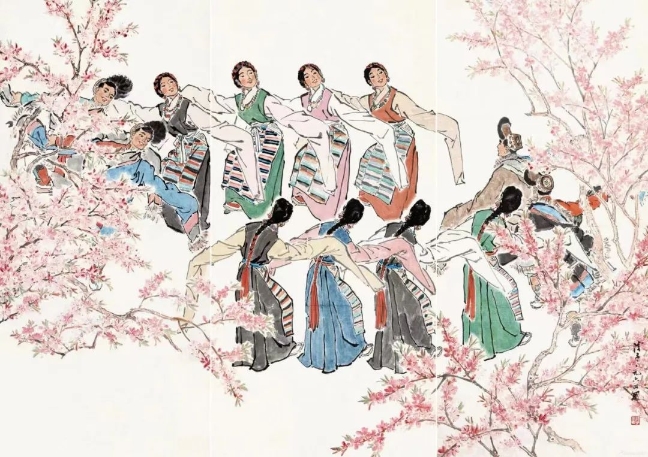 葉淺予高原之春紙本設色211cm×98cm、211cm×105cm、211cm×98cm1964年